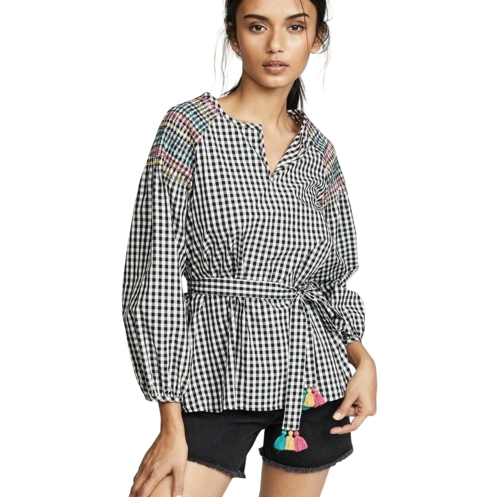 $98 NWOT Madewell Gingham Smocked Embroidered Top Black White Check Tassel Tie M